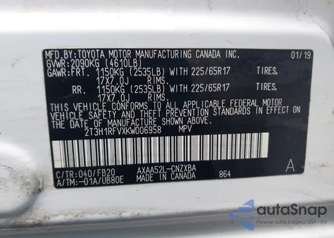 2019 Toyota Rav4 Le z USA, uszkodzony, nr VIN 2T3H1RFVXKW006958